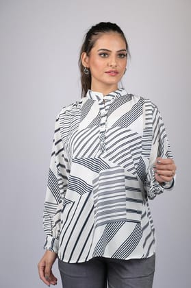 Zigzag print for women western wear top party wear and daily use Black Striped Full Sleeves Top (OTL-TPS1096)-Black / S
