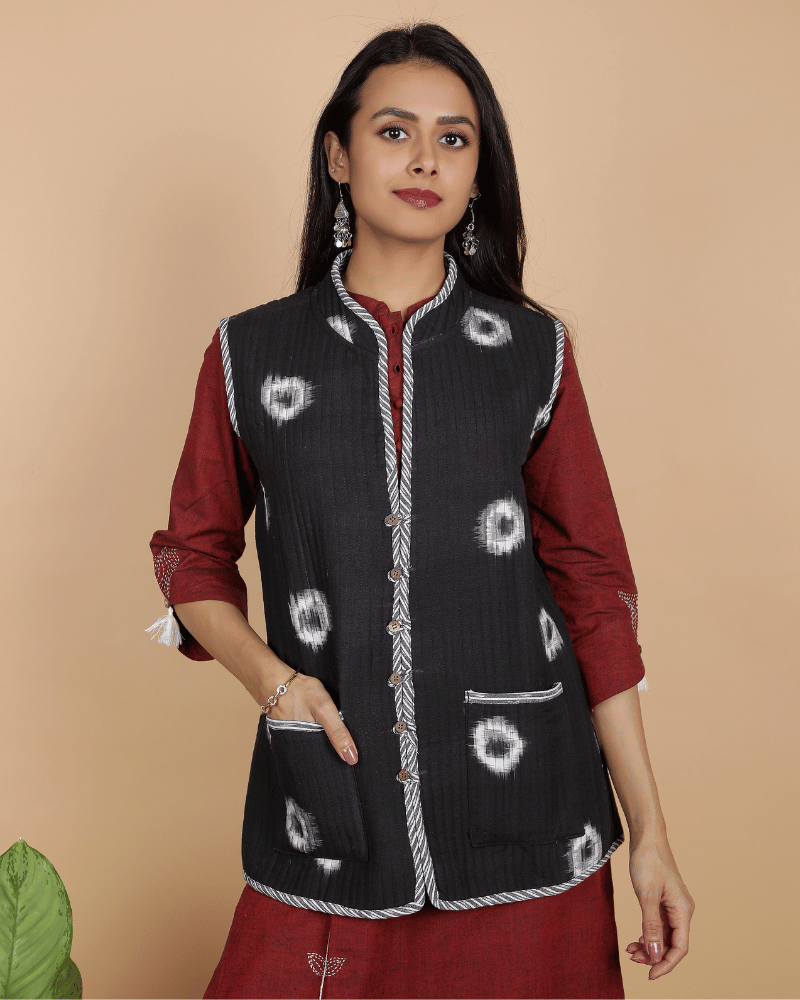 Reversible Nehru collar quilted jacket in black & grey-M