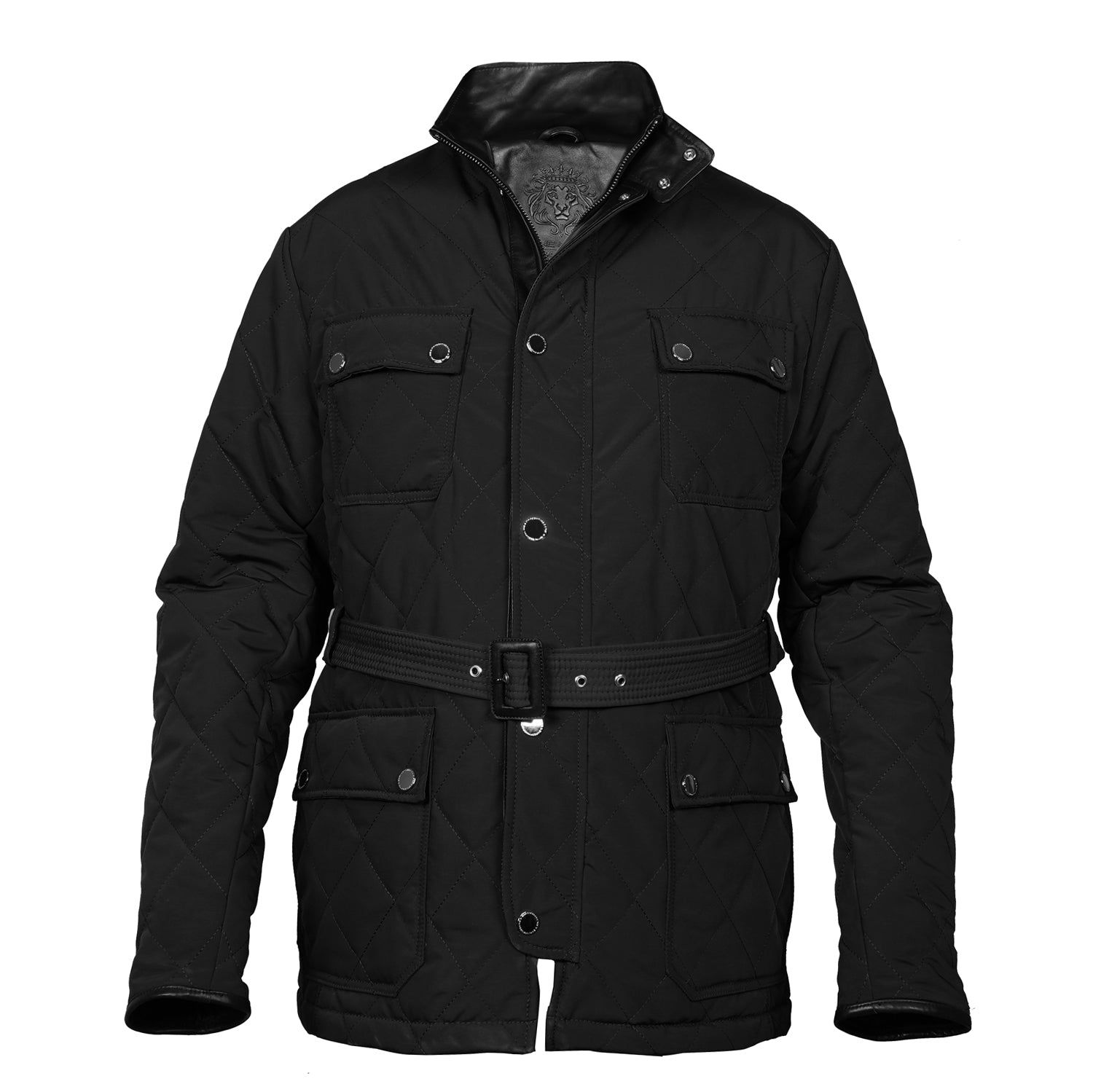 Standing Collar Black Puffer Jacket with Adjustable Waist Belt Zipper Snap Button By Brune & Bareskin-S