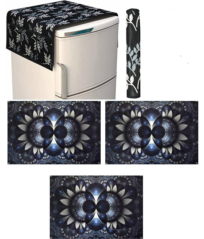 Fabolic Polyester Floral Fridge Mat & Cover ( 93 53 ) Pack of 5 - Black