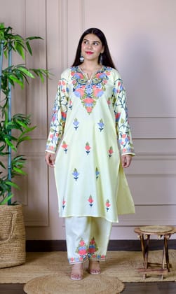 Lemon Aari Embroidered Cotton Co-ord Set-S