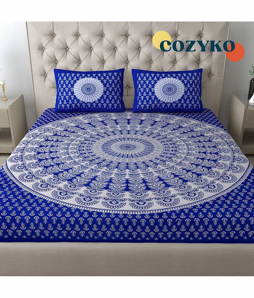 COZYKO Cotton 1 Double Bedsheet with 2 Pillow Covers ( Blue )