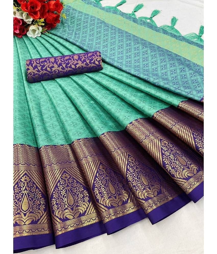 A TO Z CART Cotton Silk Embellished Saree With Unstitched Blouse Piece ( Blue )