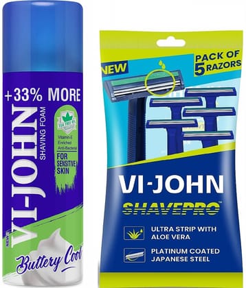 VI-JOHN Sensitive Skin Shaving foam 400g & ShavePro Twin Blade Disposable Razor 5 PCS -Pack of 2