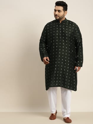 Men's Cotton Blend Dark Green Kurta & White Pyjama-44