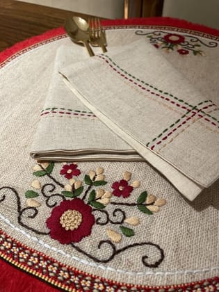 KRI India Stitch Canvas Set of 6 Table Napkins | Beige with pastel blue, green & pink embroidery | 16x16 inches | Wash & Care | 100% Cotton | Handcrafted in India. 100% organic & natural. KRI India Stitch Canvas Set of 6 Table Napkins | Beige with pastel blue, green & pink embroidery | 16x16 inches | Wash & Care | 100% Cotton | Handcrafted in India. 100% organic & natural.