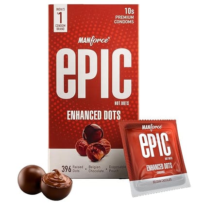 Manforce Epic Hot Dots Enhanced Dotted Premium Condoms For Men With 396 Raised Dots Belgian Chocolate Flavour Disposable Pouch10count x Pack of 12