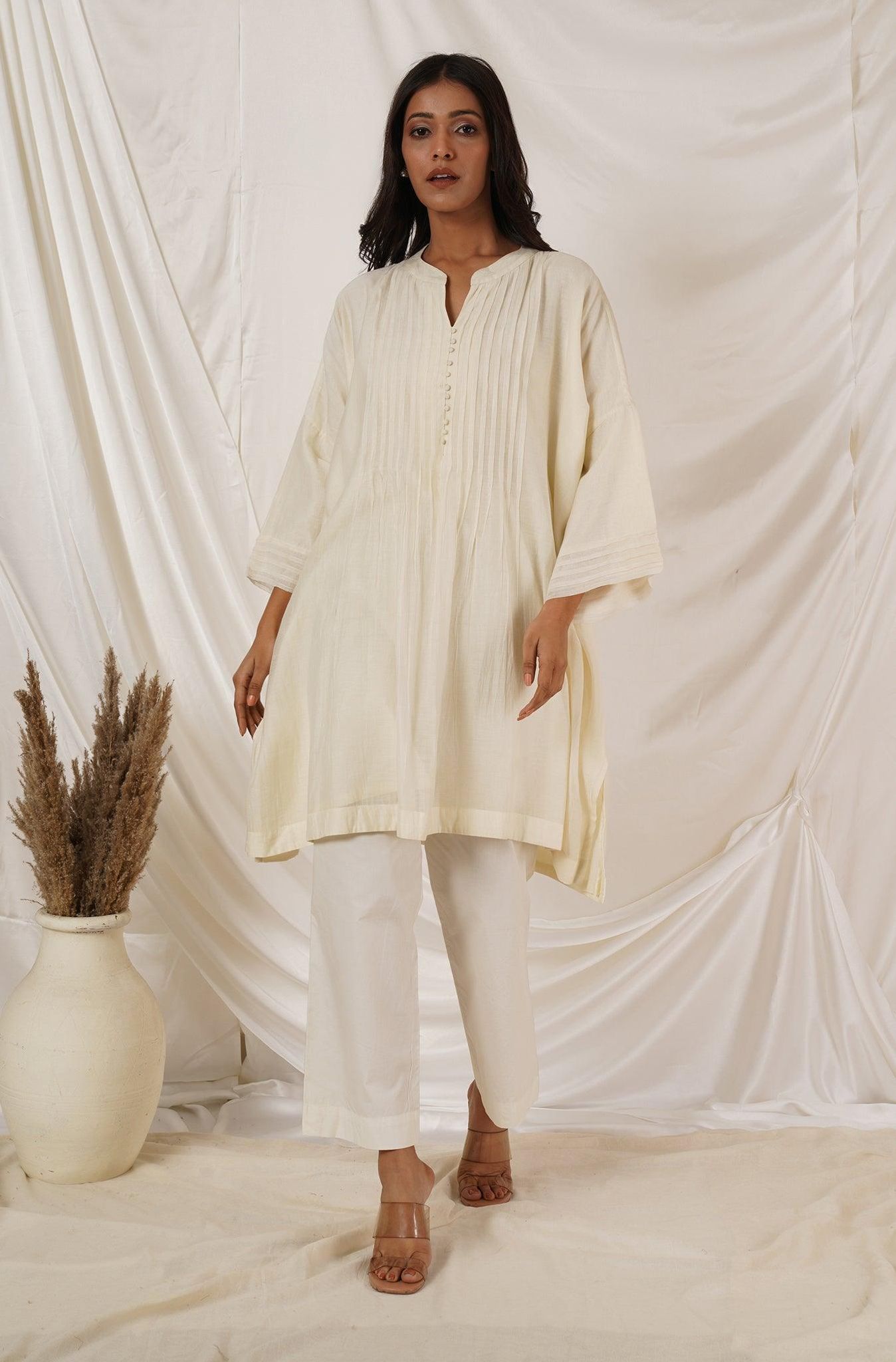 Off White Pintuck Tunic Coord Set-XL