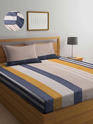 Multicoloured & Blue Striped 300 TC King Bedsheet with 2 Pillow Covers