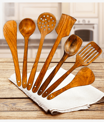 VillWin Wooden Serving & Cooking Spoon Set of 7, Handmade Wooden Spatula Set for Cooking, Non Stick Kitchen Tools, Turner, Ladle, Pasta & Frying Spoon, Natural Cookware