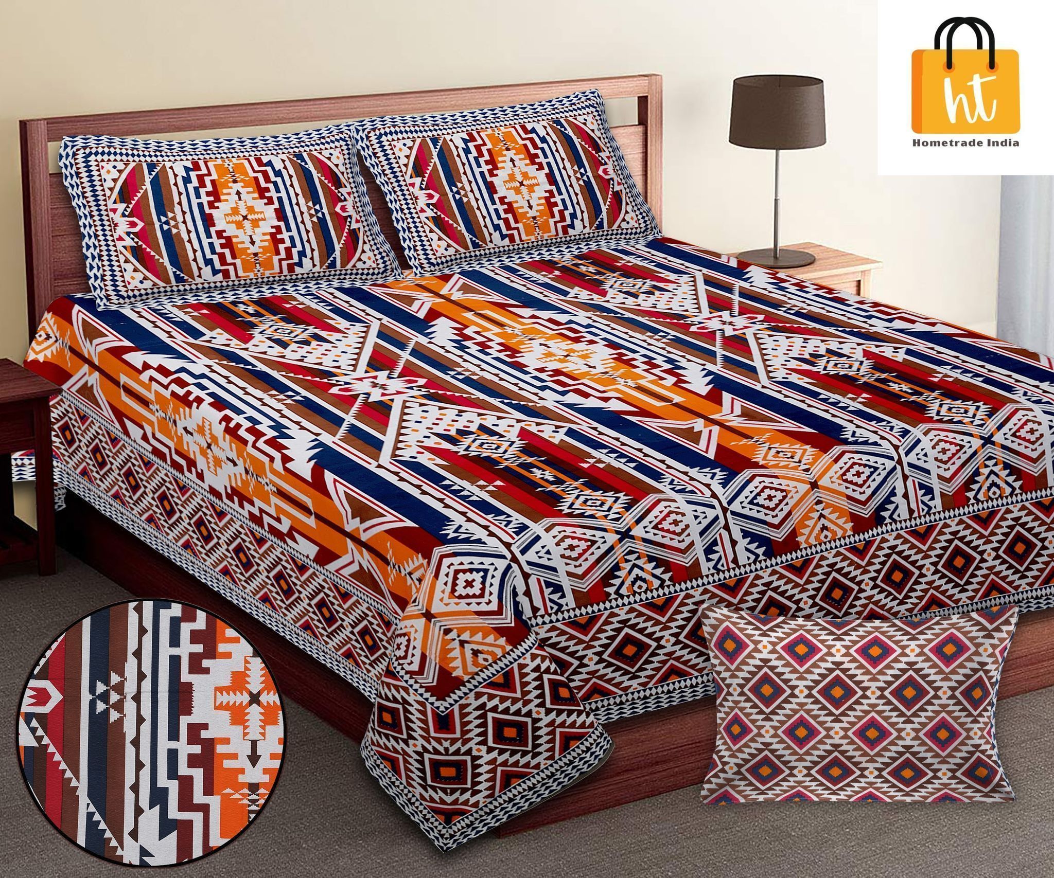 3001-Hometrade India-Standard King Size (90*108 Inches) Double Bedsheet With 2 Pillow Cover-RJ-14-Jaipur lining-3323