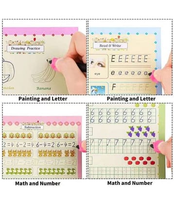 Sank Magic Practice Copybook, Number Tracing Book for Preschoolers with Pen, Magic Calligraphy Copybook Set Practical Reusable Writing Tool Simple Hand Lettering (4 Books + 5 Refill)