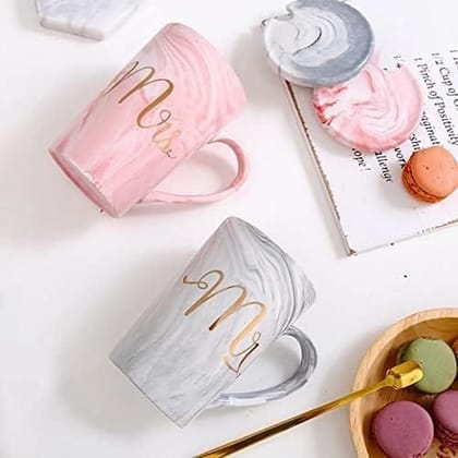Mr and Mrs Gary & Pink Ceramic Coffee Mug 350 ML Ceramic Tea Mug Marble Coffee Cup and Milk Tea Gold Stamping Cup Gift for Anniversary Wedding Birthday Engagement Valentine Gifts ( Pair 1)