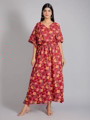 Floral Motifs on Maroon Cotton Kaftan Maxi Dress-Free Size
