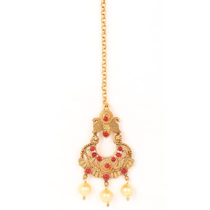 Traditional Gold-Plated Maang Tikka with Red Stone and Pearl