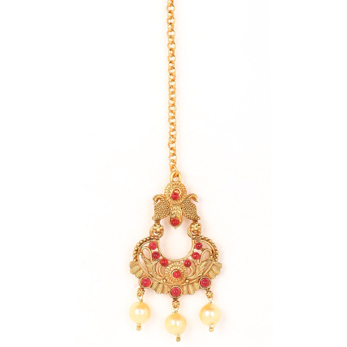 Traditional Gold-Plated Maang Tikka with Red Stone and Pearl