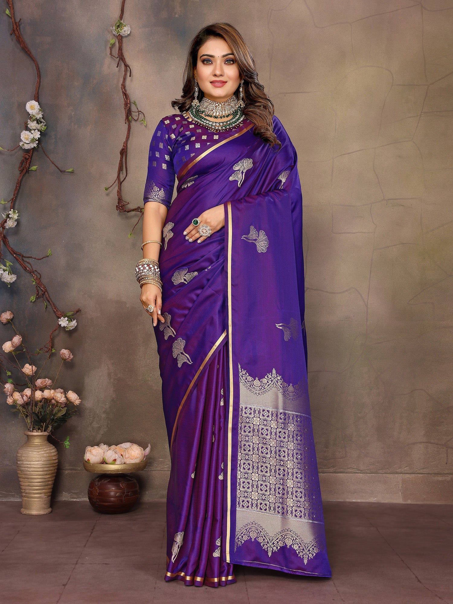 Purple Satin Silk Floral Motifs Zari Weaving Banarasi Saree