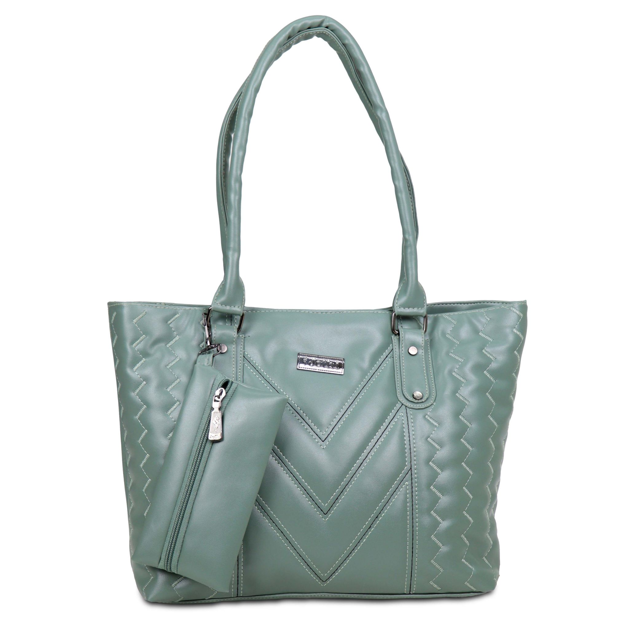 Jothi CrestVale Premium Womens Handbag | Multi-Compartment Synthetic Leather Tote | Stylish V-Pattern Finish | Water-Resistant | Soft Base | Green