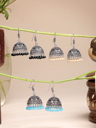 NVR Women Pair of 3 Multicolor Artificial Beads Oxidized Silver Plated Jhumka Earrings-One Size / Multi / German Silver