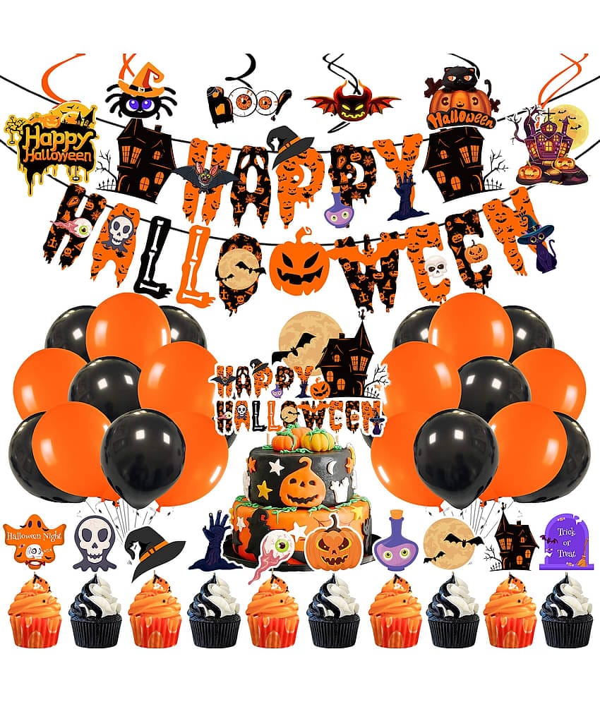 Zyozi 43 Pcs Halloween Balloons Banner Decorations Sets,Happy Halloween Banner, Black Orange Balloons Set with Cake Swirls And Cup Cake Topper for Halloween Theme