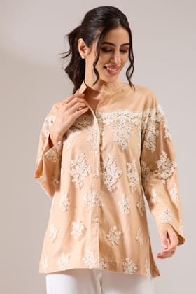 ornate lacey poplin shirt-Ornate Beige / Poplin / XXS