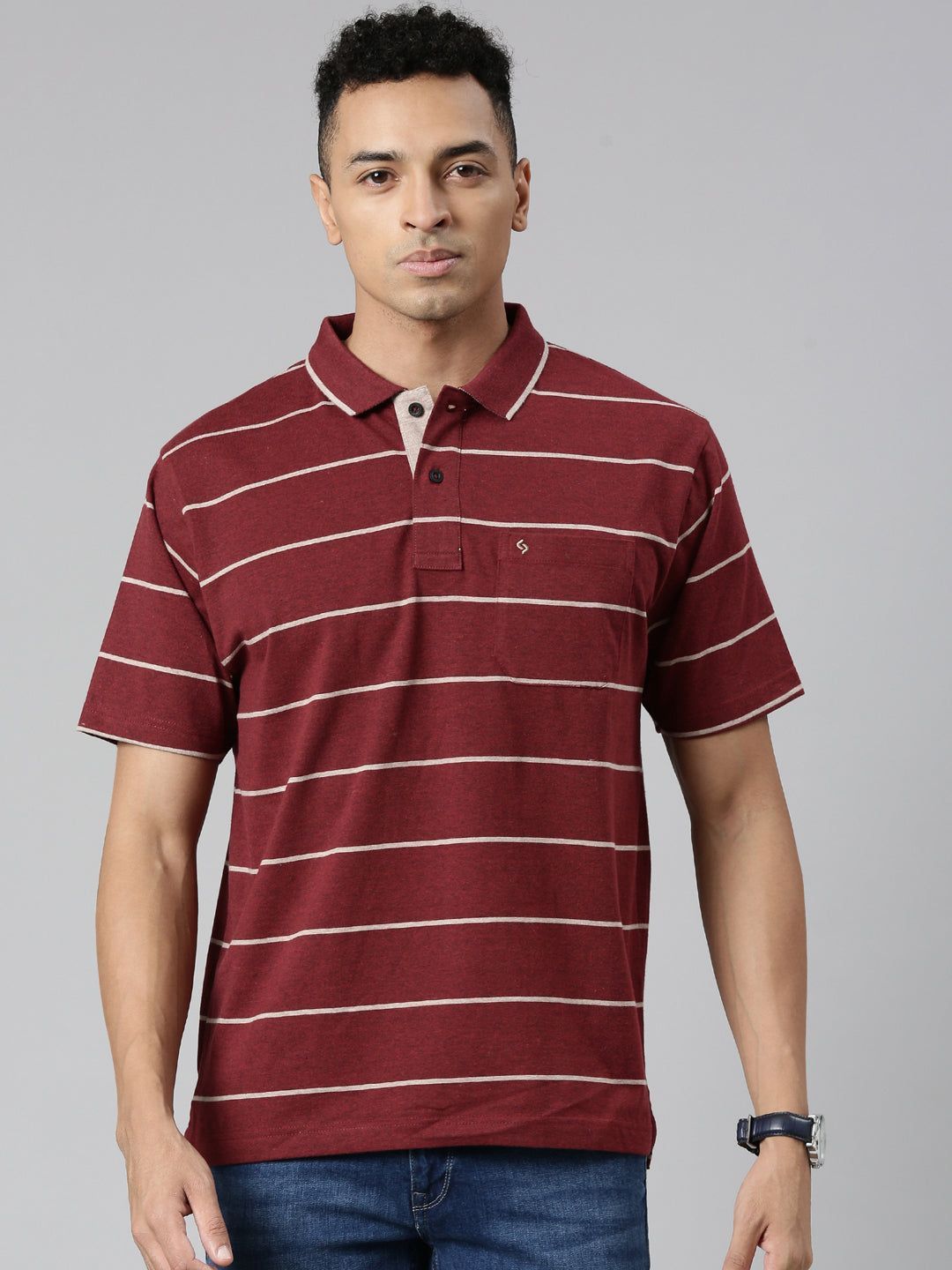 Classic Polo Men's Polo Neck Cotton Navy/Grey Authentic Fit Striped T-Shirt | MEL-253 A AF P