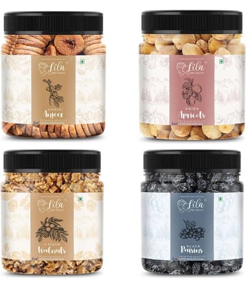 Lila Dry Fruits Figs(100gm), Walnut (100gm), Black Raisin (100gm) & Apricots(100 gm) Combo