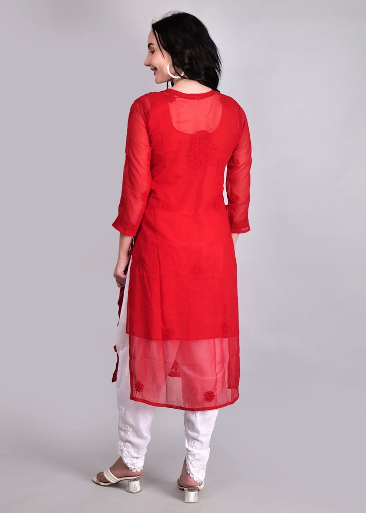 Geogette Hand Embroidered Calf length Chikankari Red Kurta