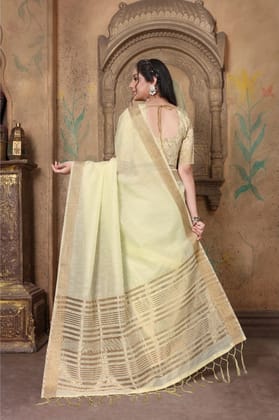Women's Soft Linen Striped Saree with Unstitched Blouse (Off-White, 5-6 Mtrs)