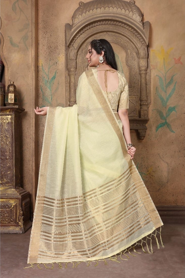Women's Soft Linen Striped Saree with Unstitched Blouse (Off-White, 5-6 Mtrs)