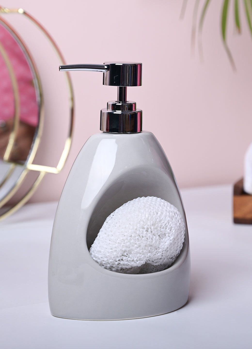 Sophisticated Grey Kitchen Dispenser With Scrubber - Cylindrical Shape