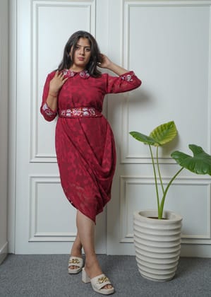 Muslin fabric cowl pattern one piece with sequin work and belt-S