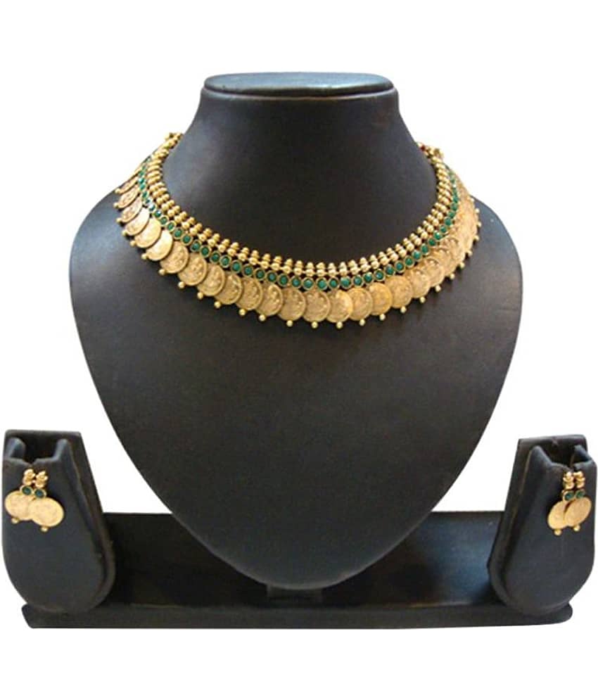 YouBella Green Emerald Temple Coin Necklace Set