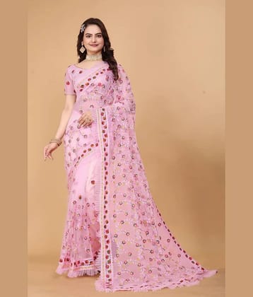 Lady Shopi Net Embroidered Saree With Unstitched Blouse Piece ( Pink )