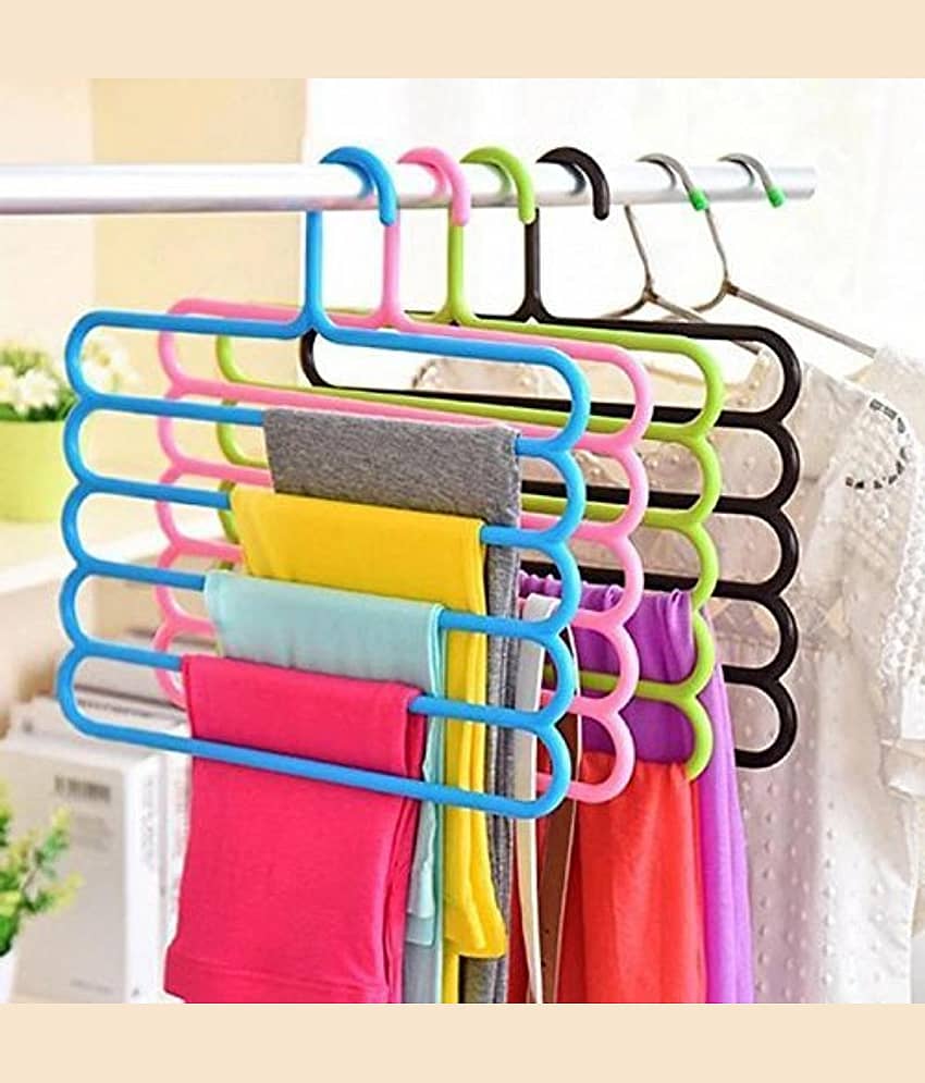 E-Retailer® 5 Layer Clothes Hanger Wardrobe Storage Organizer Rack (Assorted Colour, Set of 4)