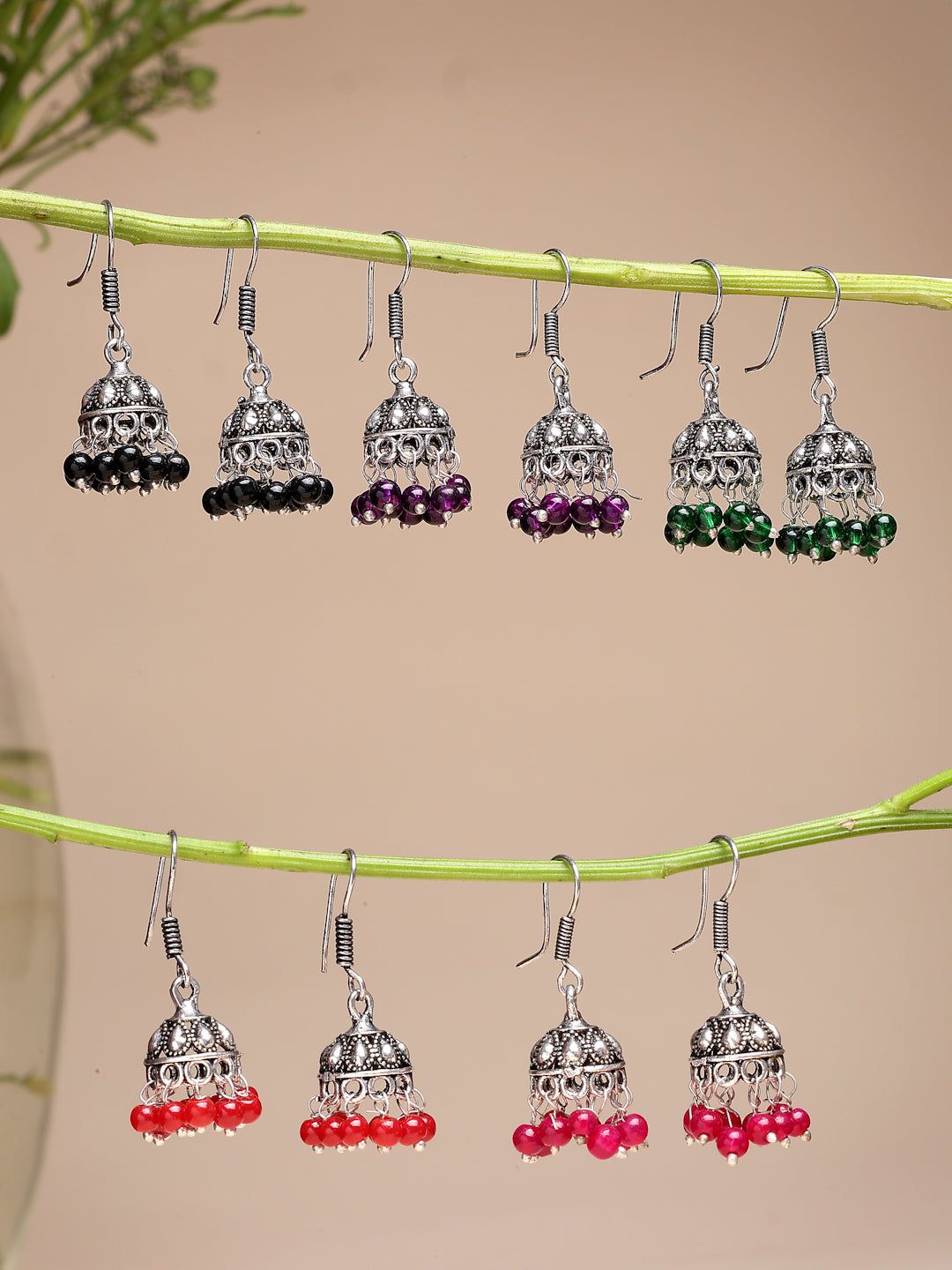 NVR Women Pair of 5 Oxidized Silver Plated Multicolor Artificial Beads Jhumka Earrings-One Size / Multi / German Silver