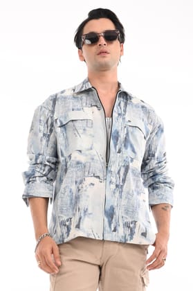 Ballad Blue Pure Cotton Zipper Shirt-M