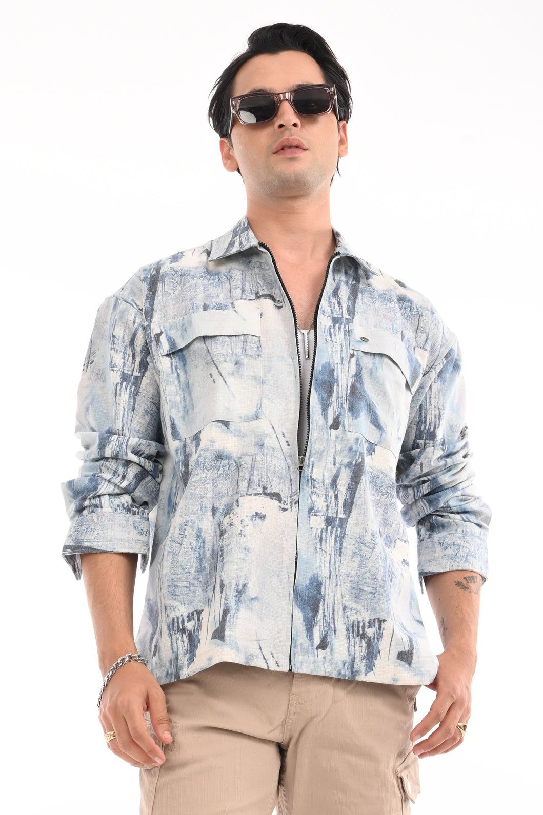 Ballad Blue Pure Cotton Zipper Shirt-M