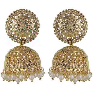 Filigreee Jhumki Filigree Top Earrings Golden Alloy Copper Material Drop Hook Earrings for Women's Fashion Jewelry