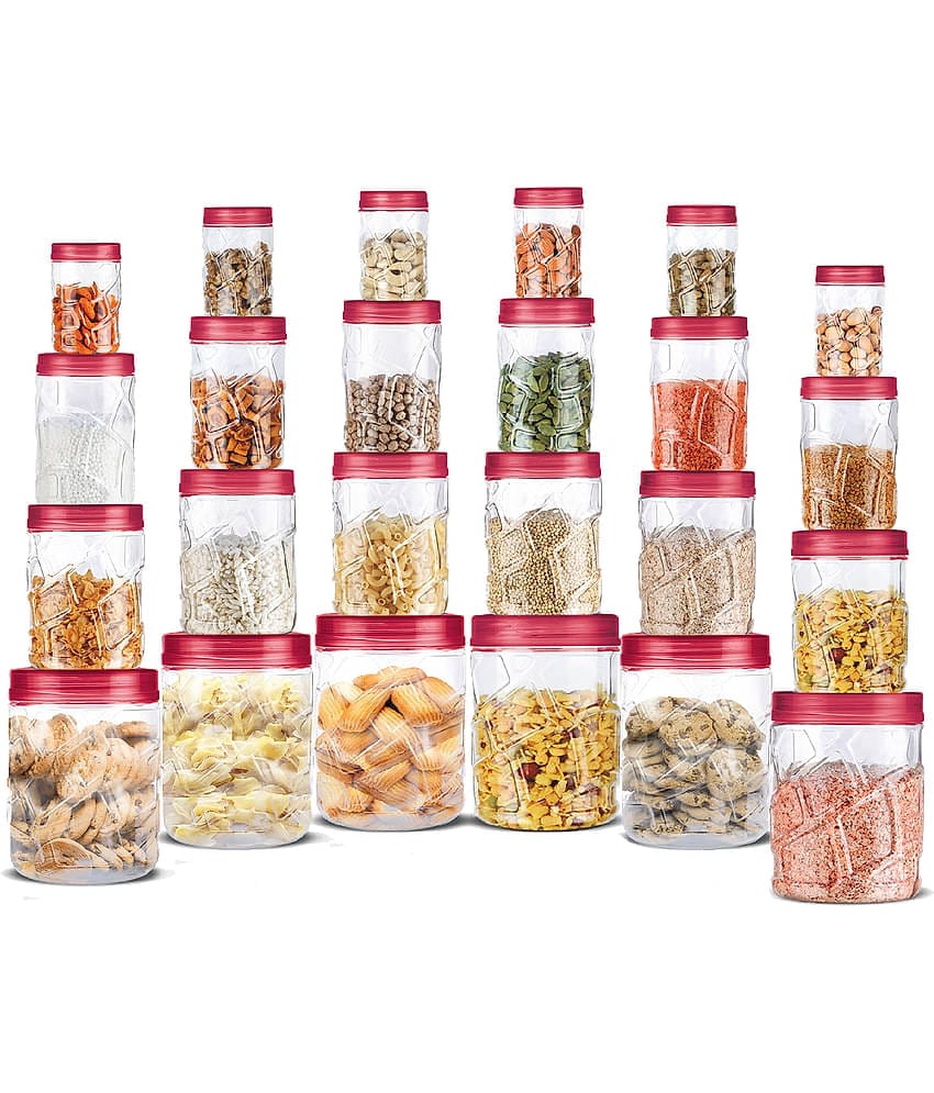 Milton Vitro Plastic Pet Storage Jar and Container, Set of 18 (6 pcs x 230 ml Each, 6 pcs x 600 ml Each, 6 pcs x 1.18 ltrs Each), Red Wine