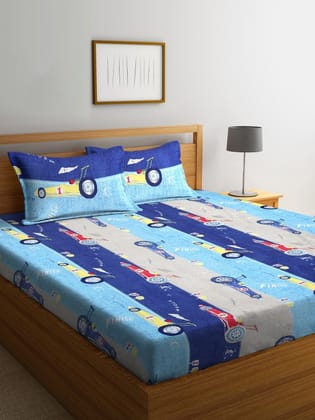 Biege & Blue Cartoon 300 TC King Size Fitted Bedsheet with 2 Pillow Covers