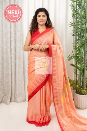 Pure Cotton Mercerised Handwoven Moirangphee Saree - Peach