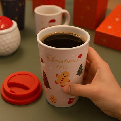 Christmas Ceramic Mug with Red Silicone Lid – 400 ml Coffee & Tea Cup