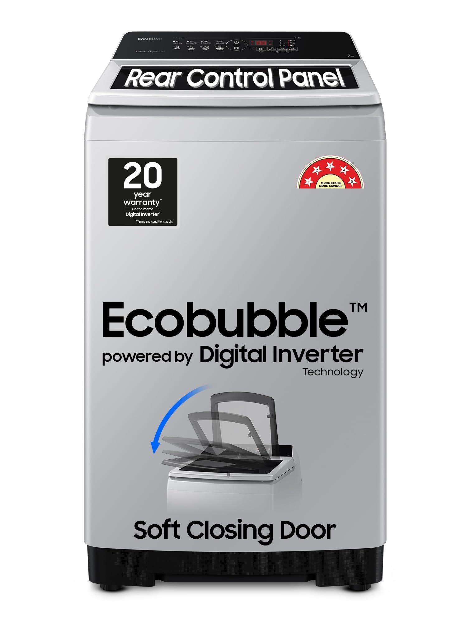 Samsung 7 kg, 5 Star, Eco Bubble Technology, Digital Inverter Motor, Soft Closing Door, Fully-Automatic Top Load Washing Machine (WA70BG4441YYTL, Lavender Gray) Samsung 7 kg, 5 Star, Eco Bubble Technology, Digital Inverter Motor, Soft Closing Door, Fully