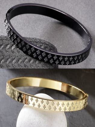 NVR Men Set of 2 Gold & Black Rhodium-Plated  Stainless Steel Kada Bracelet-Black / Male / Adults