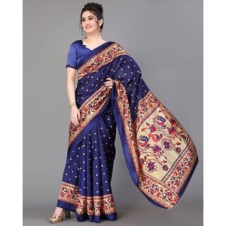 Blue Colour Dotted Printed Saree With Blouse Piece