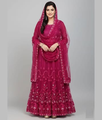 Aika Women Net Flared Semi Stitched Ethnic Gown With Dupatta ( Pink )
