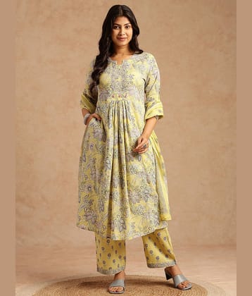 Vbuyz Women Cotton Printed A-Line Kurti With Palazzo ( Yellow )