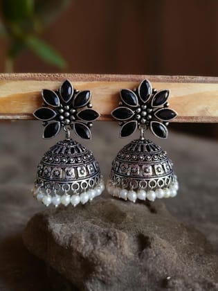 Oxidised German Silver Party Wear Pearl Jhumkas for Elegant Look | Sarichka-Black