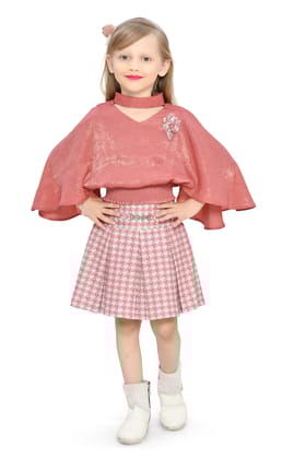Be:kids Rust Autumn Charm Girls' Ensemble: Velvet Poncho Top and Houndstooth Pleated Skirt